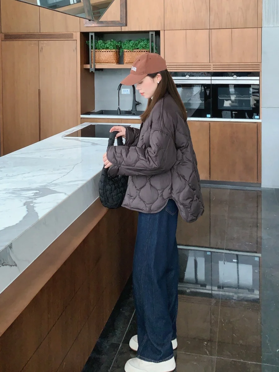 

LUNUNG женская легкая стеганая куртка с воротником-стойкой и воротником-стойкой, верхняя одежда с перьями Du, теплый топ с ромбовидным узором