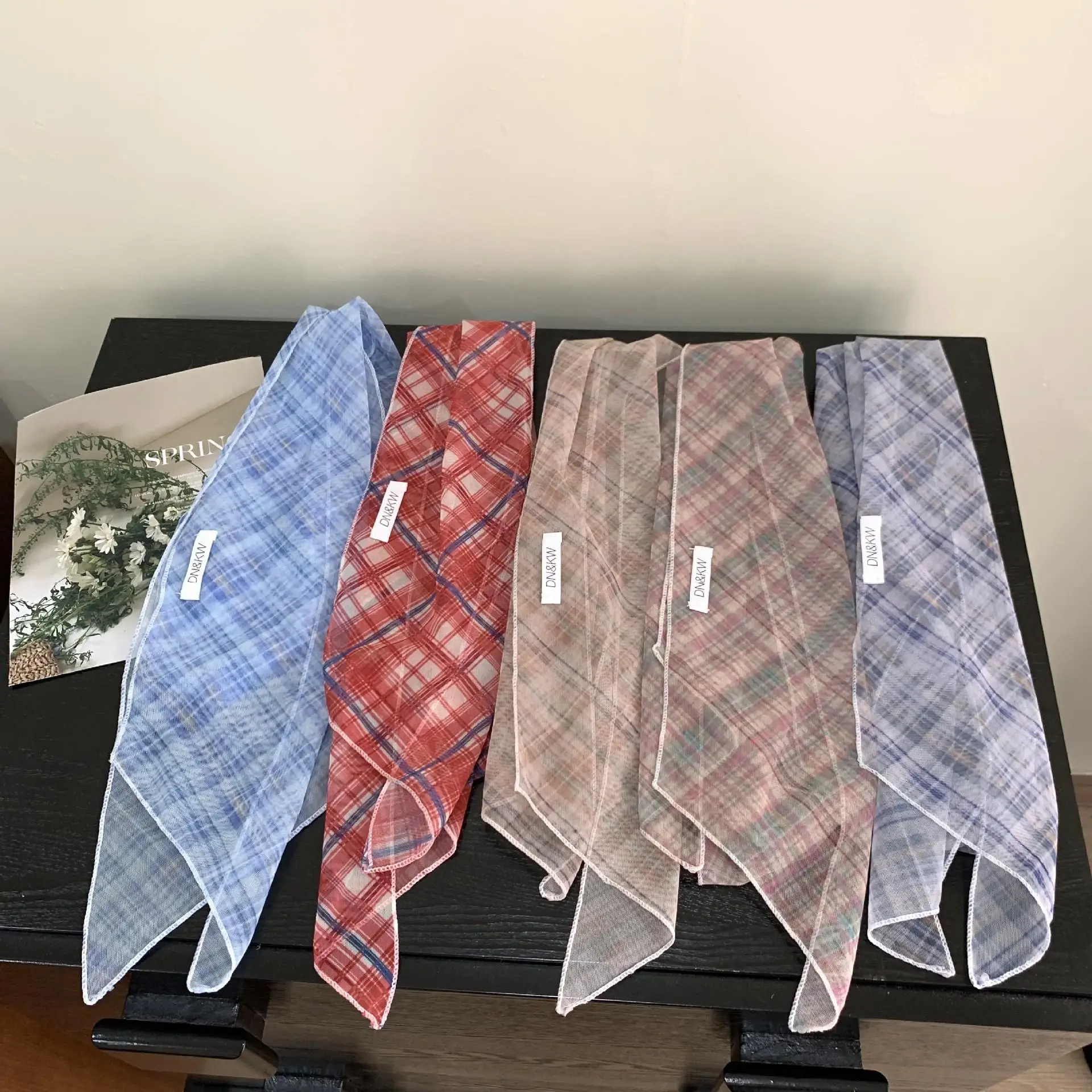

Korean Fashion Summer Women Plaid Scarf Long Silk Thin Neckerchief Female Ribbon Hair Band Long Wraps Skinny Versatile Scarf