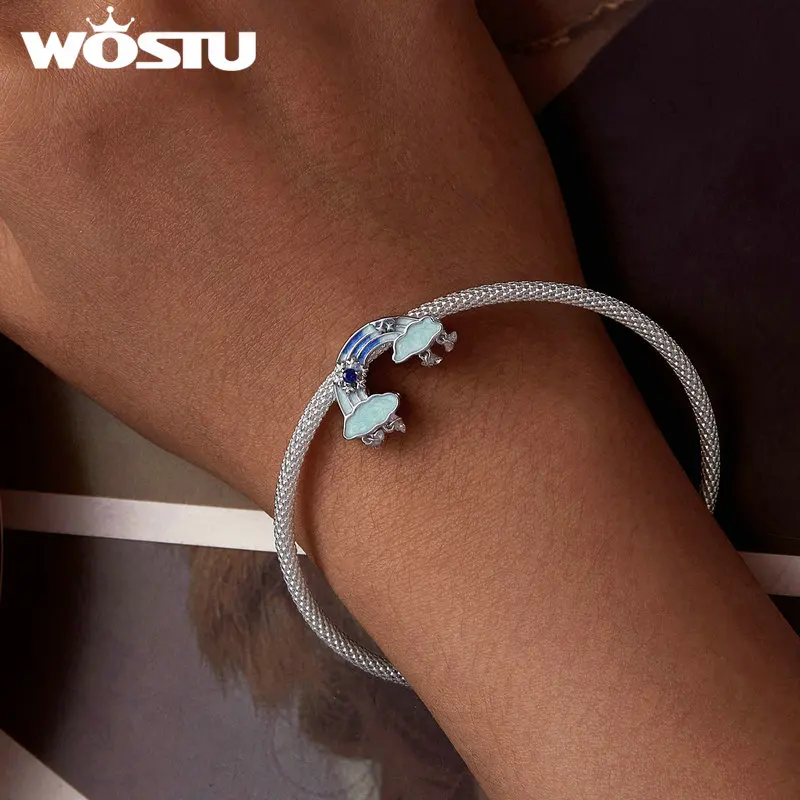 WOSTU 925 Sterling Silver Melting Ice Snowflake Pendant Blue Opal Love Heart Rainbow Charm Fit Original Bracelet DIY Winter Gift - Image 2