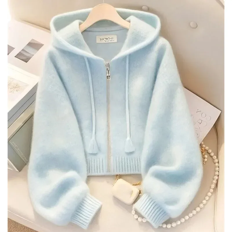 

Lazy Wind Feminine Long Sleeves Knitting Spring Autumn Women Leisure Hooded Sweater High-grade Ladies Fashion Zipper Knitted