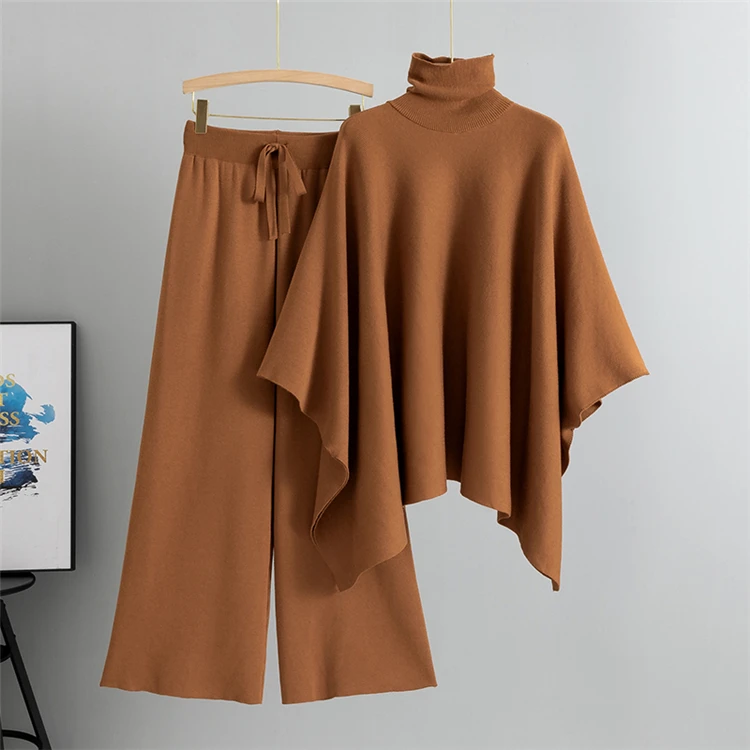 Neues Herbst/Winter Elegantes Rollkragen-Cape-Top mit Weiten Hosen Locker Sitzendes Set Modisches Strick-Zweiteiler für Damen – Detail 7