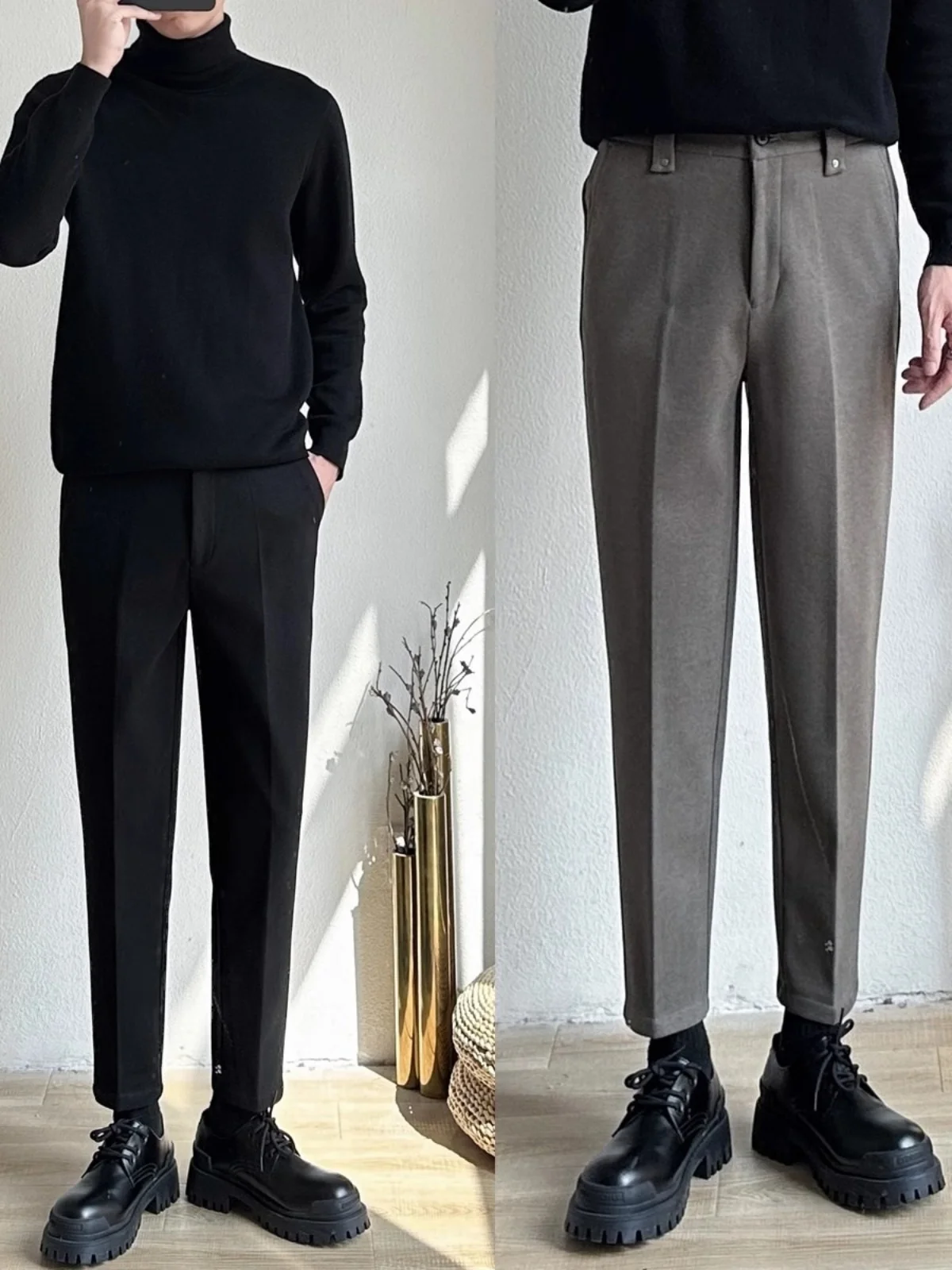 

Men's Woolen Straight Leg Casual Trousers Thiened Autumn Winter New Sle Korean Version Faionable All-Match Slim Fit Lon...