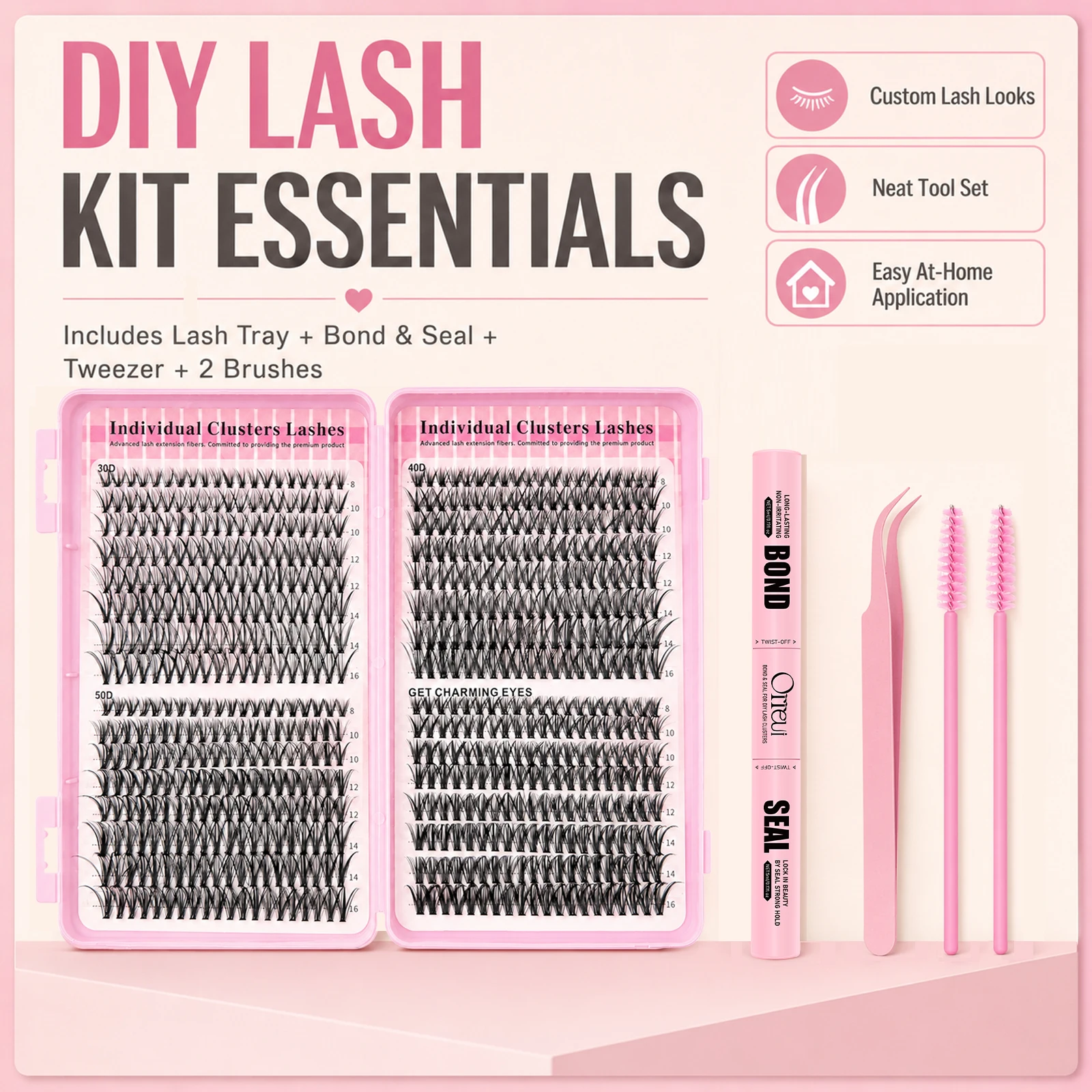 640PCS Cluster Lash Kit 30D 40D 50D Mixed 8-16mm with Bond & Seal Glue Tweezers Brushes DIY Eyelash Extension Set