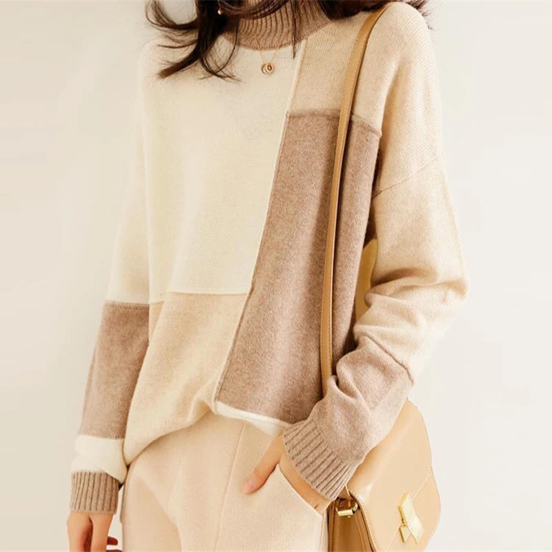 Women\'s Clothing Autumn Winter Casual Streetwear Color Block Knitted Sweater Korean Half High Collar Long Sleeve Pullover Tops