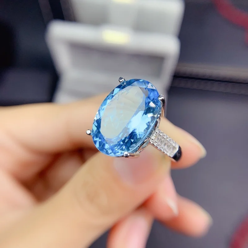 High-End New Product Large Carat Sky Blue Topaz Full Diamond Open Women's Ring