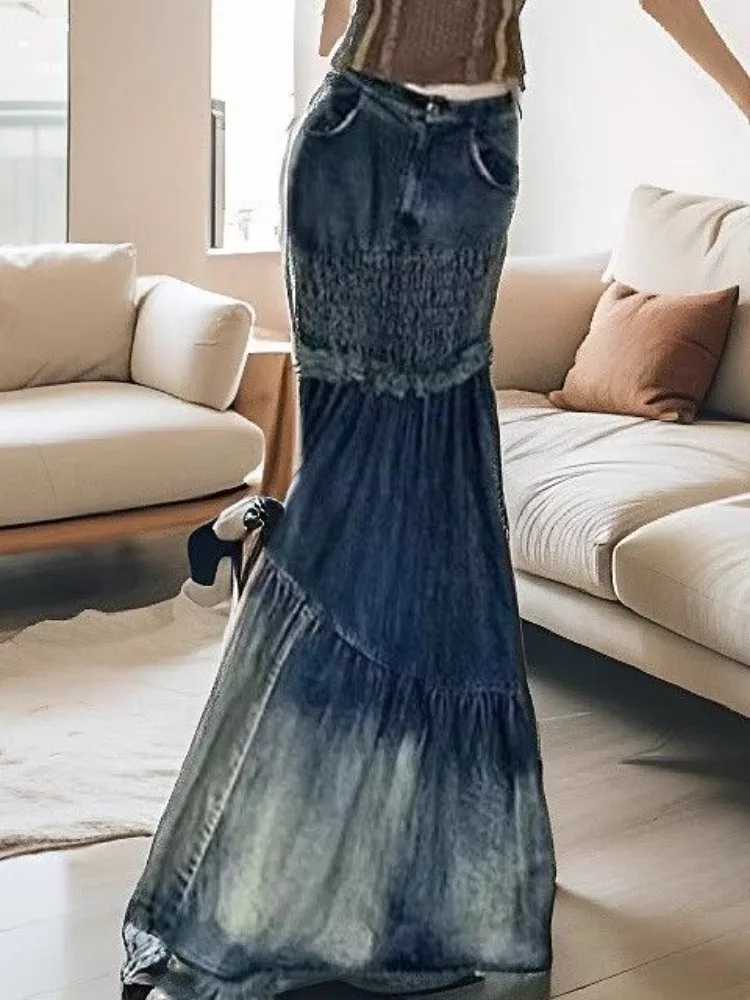 2025 ใหม่Patchwork Denim FishtailกระโปรงY2kแฟชั่นChicพู่กระโปรงผู้หญิงความยาวกลางSlimเอวFaldaเซ็กซี่Mujer