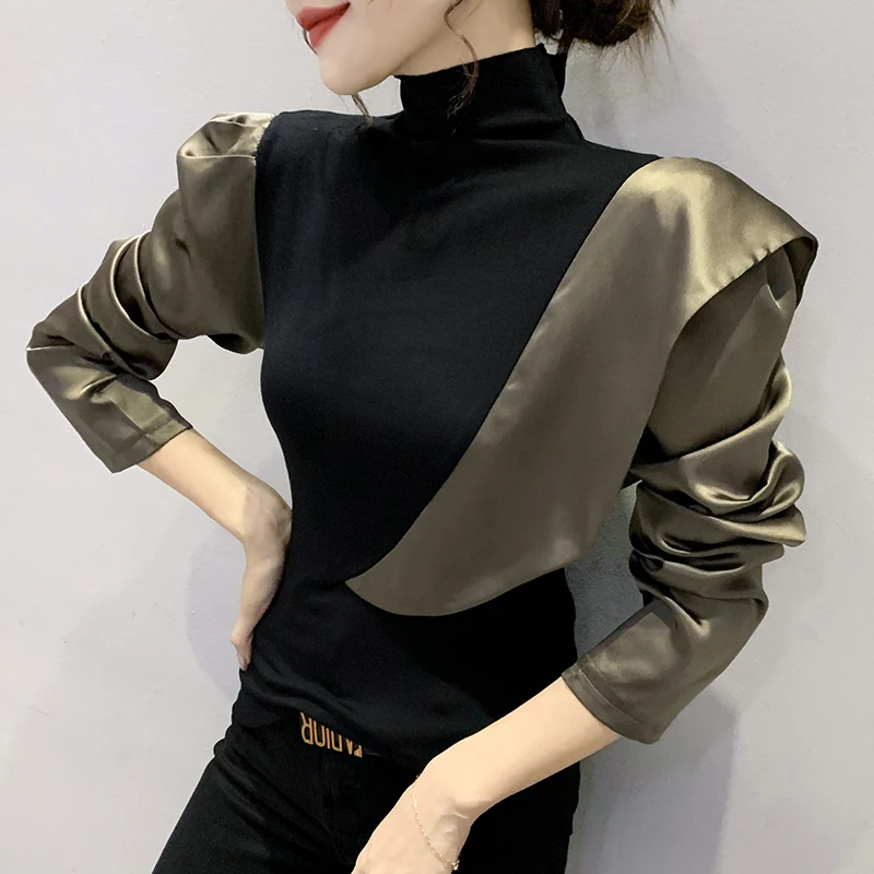 Fall Winter European Clothes T-Shirt Fashion Ruffles Sexy Color Blocking Women\'s Tops Puff Sleeve All Match 2022 Hot Tees 9068