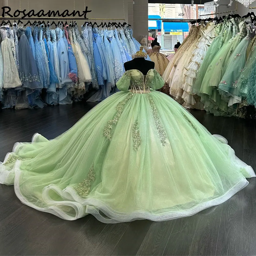 Vestido De baile verde salvia con hombros descubiertos para quinceañera, apliques De cuentas De cristal, corsé De encaje, 15 Años