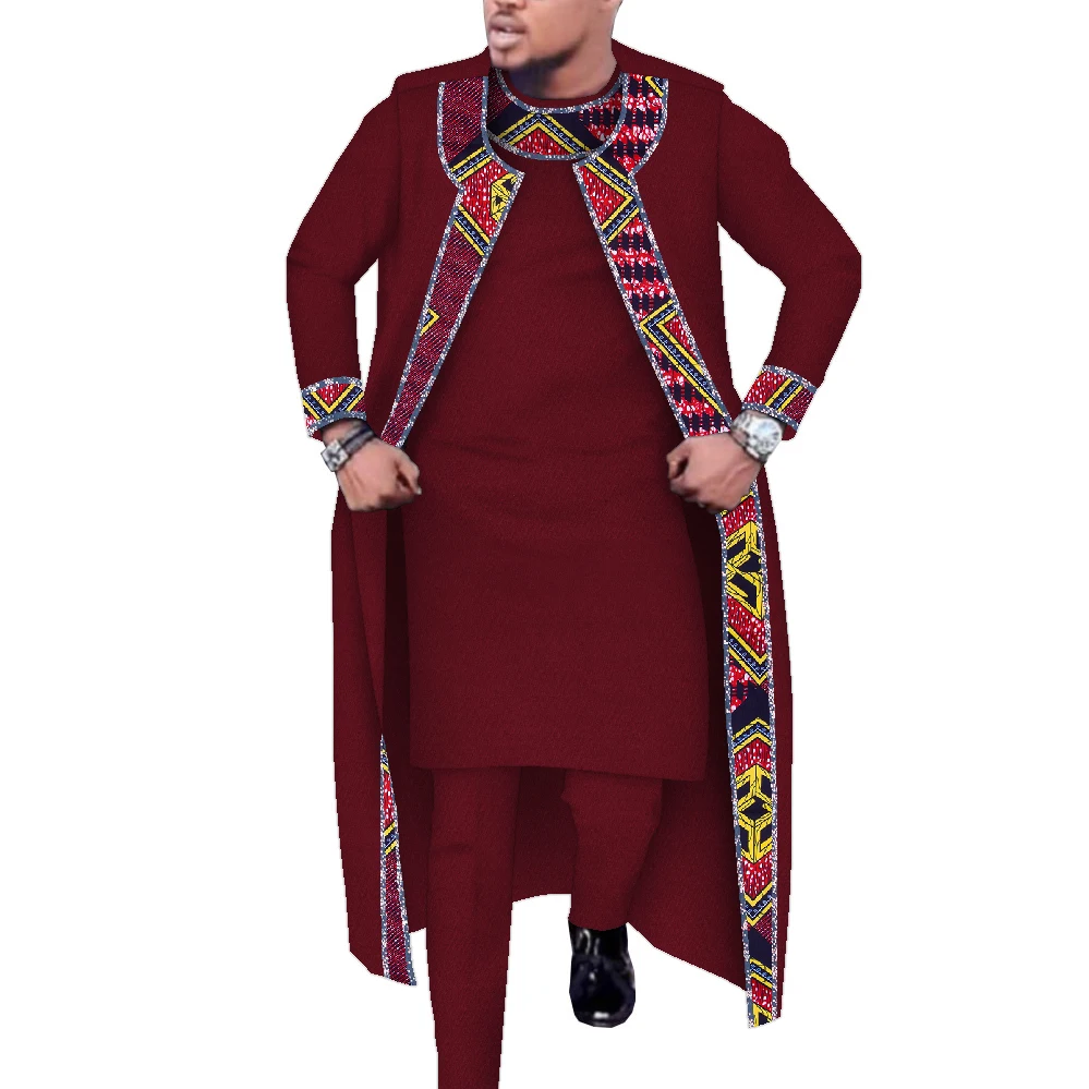 Conjunto de 3 uds. De bata larga, Tops y pantalones, trajes con estampado africano, bata larga de algodón, conjuntos de pantalones para fiesta, boda, ropa africana para hombres Wyn1555