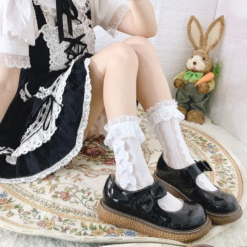 Stretchable Lolita JK Socks White Knee Socks with Lace Lolita Calf Socks Women Knee Socks Jk Lace Bow Socks Long JK Socks