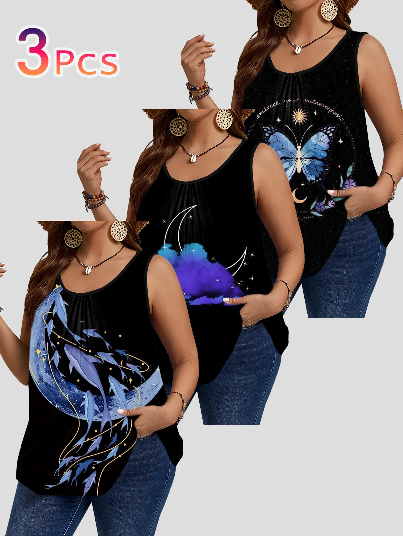 3-Piece Set of Plus-Size Women's Tank Tops with Moon, Dolphin, Blue Butterfly, and Starry Sky Art Prints, Round Neck, Loose Fit, Sleeveless Tops