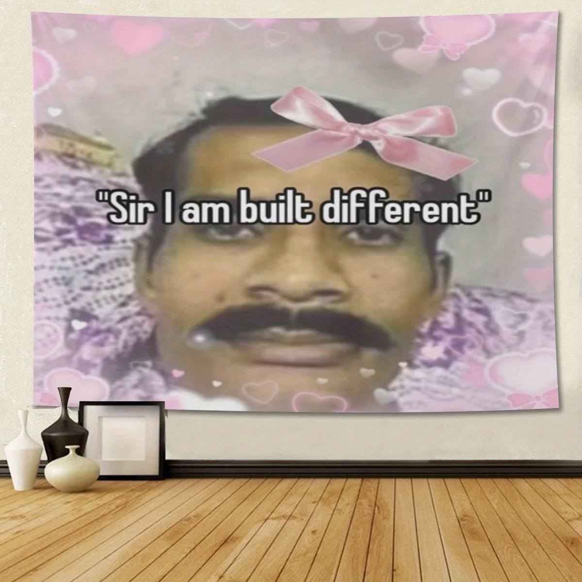 Humorous Bertram Tapestry Sir I Am Built Different Funny Horizontal Decor Pink Hearts Bow For College Dorm Bedroom Bedroom Decor