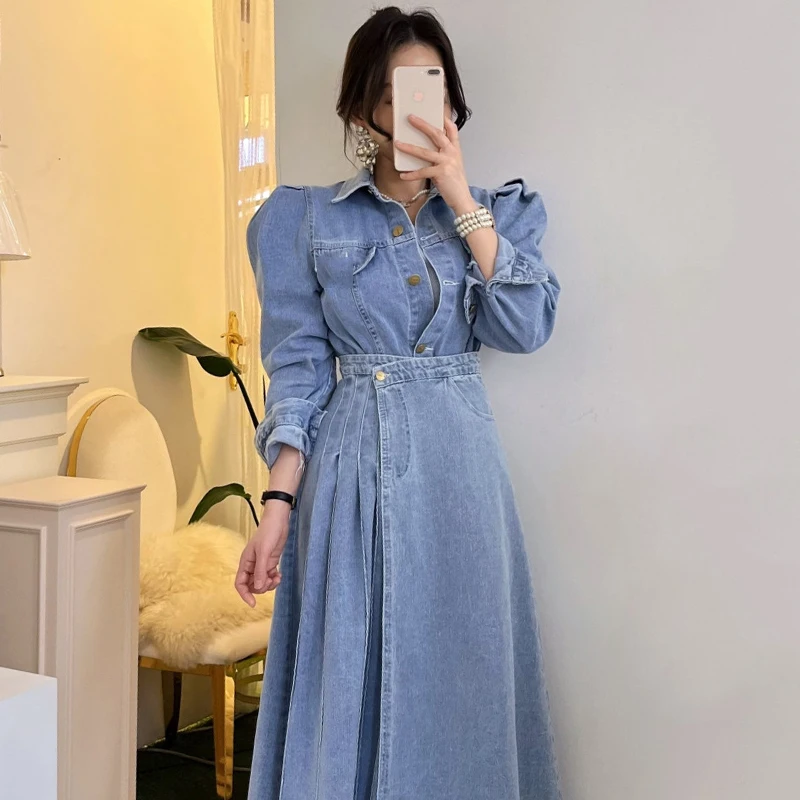 

Retro Chic Summer Long Sve Collared Denim irt High Waist Flared Skirt Women's Faion Set Cotton Blend Casual Wear