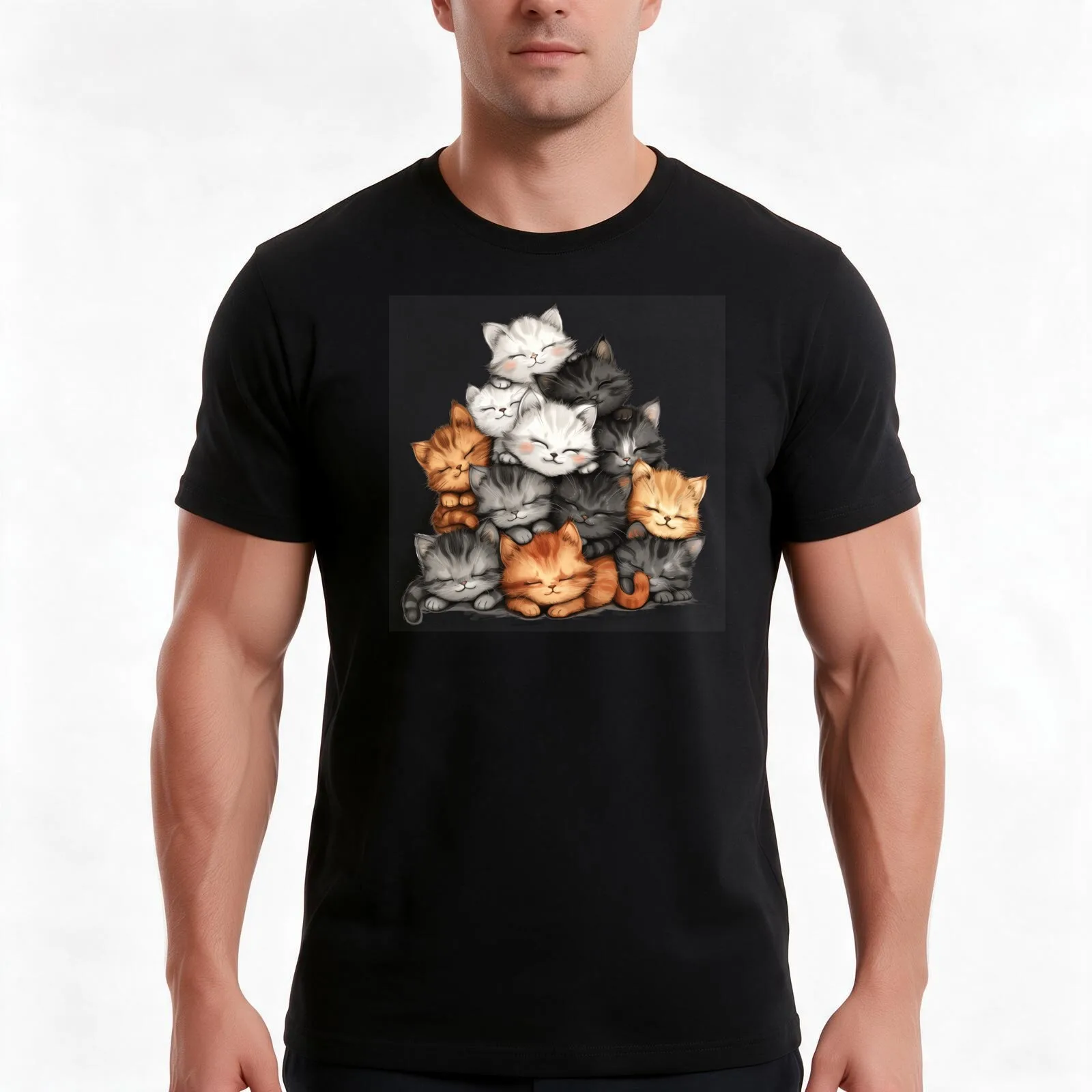 Heap of sleeping kittens - pile of cats T-Shirt, Summer Casual Cotton Tee, Oversized Streetwear Tops, Vintage Graphic Print