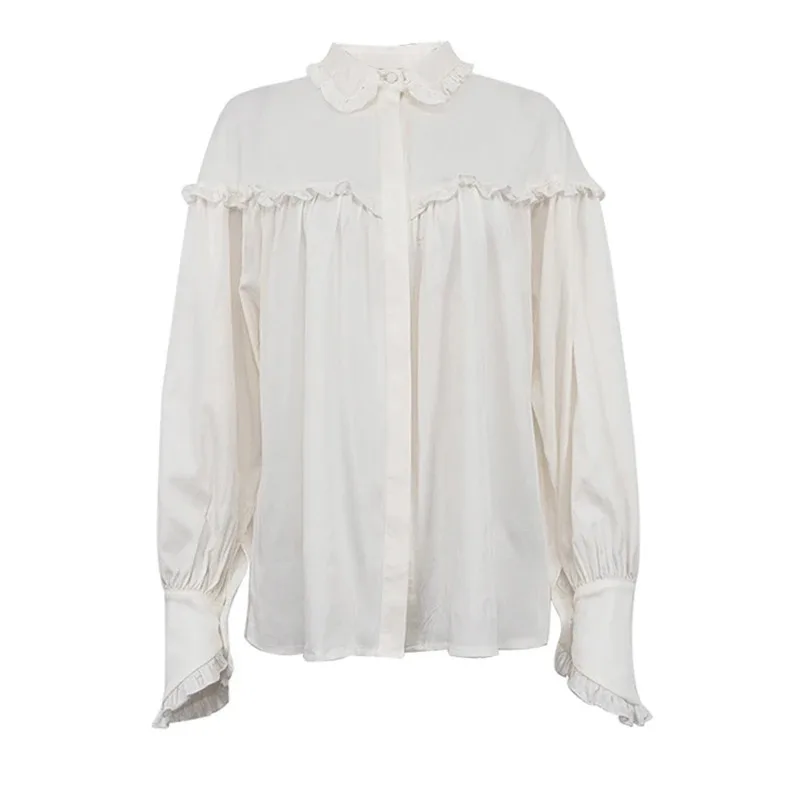

Spring Autumn 2026 Women Ruffled Lantern Long Sleeve Vintage Elegant Shirt Solid Loose White Turn-down Collar Blouse