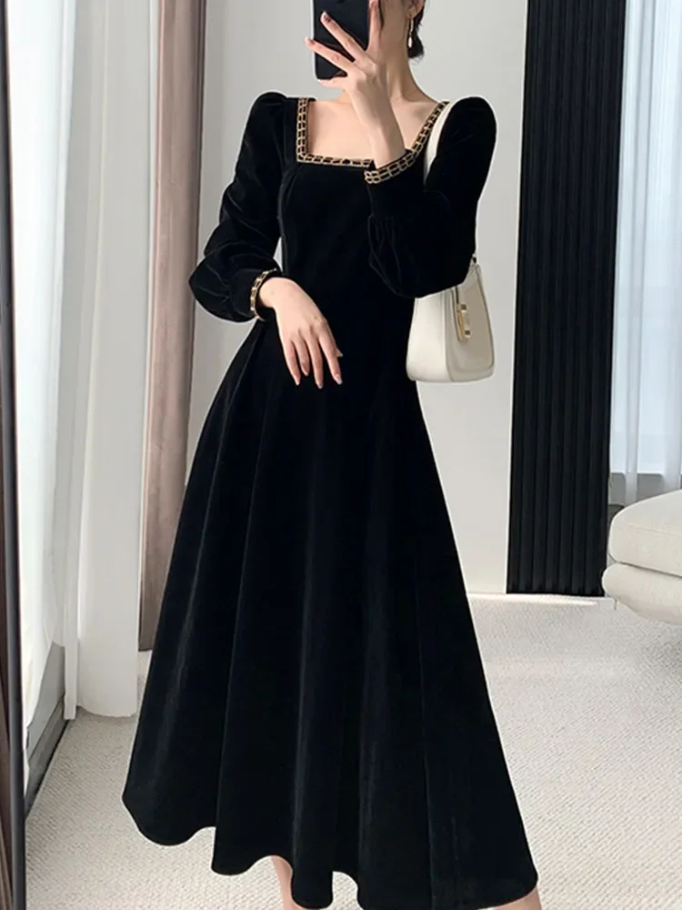 New French Vintage Elegant Dresses for Women Long Sleeve Streetwear Office Lady Solid Square Collar 2023 New Autumn Winte Dress