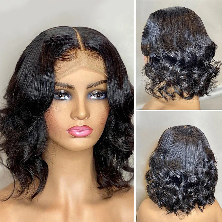 Body Wave Short Bob Wigs Brazilian Lace Front Remy Human Hair 8-16Inch 4x4 Lace Closure 180 Density Bob Wig Natural Hairline