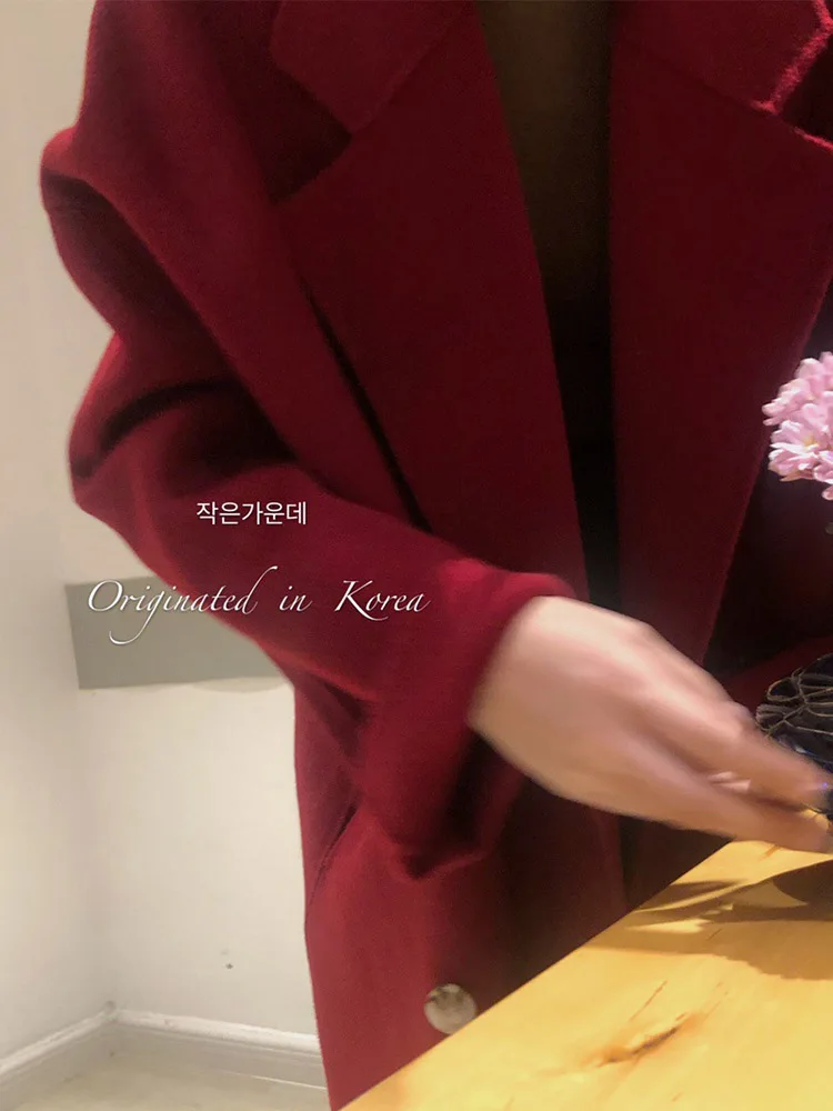 New High-end Red Loose Double-breasted Wool Coat Women Mid-length Fashion Warm Double-sided Wool Coat Lapel Long Jacket Winter