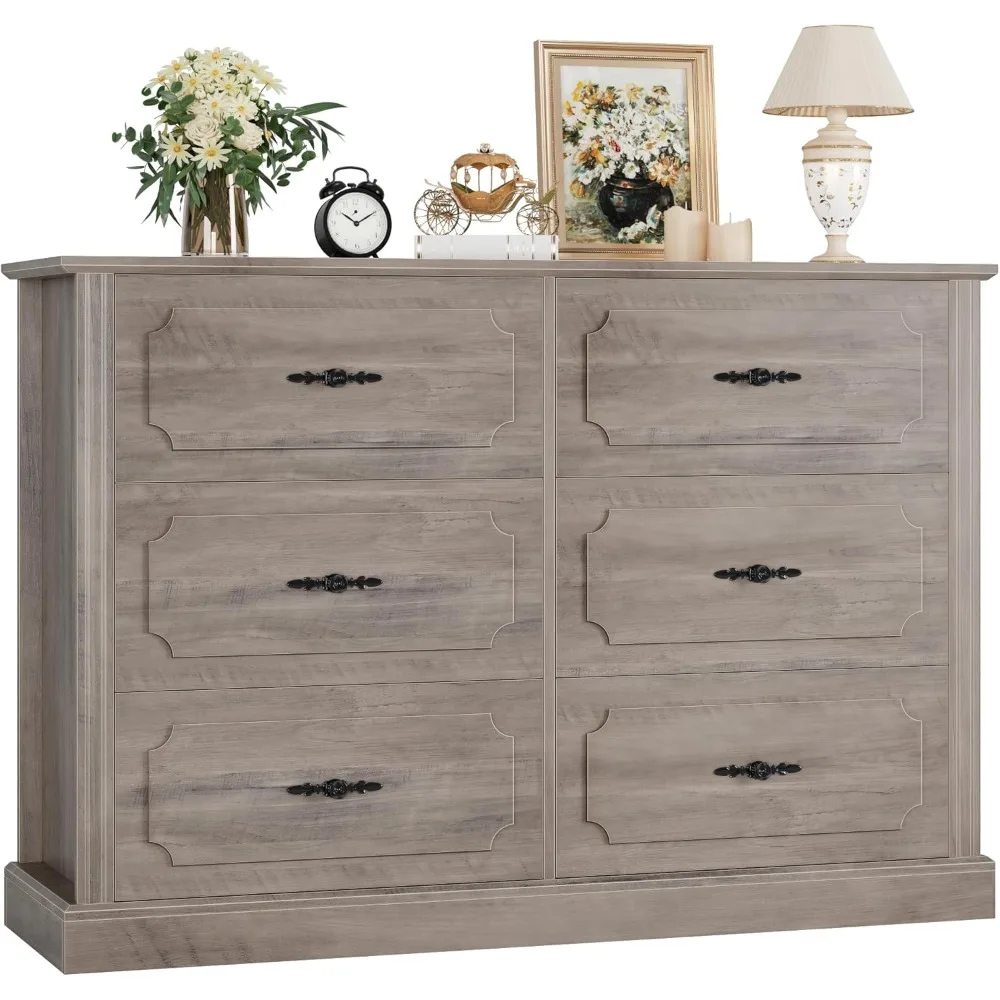 Wood Dresser 6 Drawer, 47.2'' Farmhouse Dresser Chest of Drawers with Designed Drawer Surfaces, Grey Dresser with Deeper Drawer