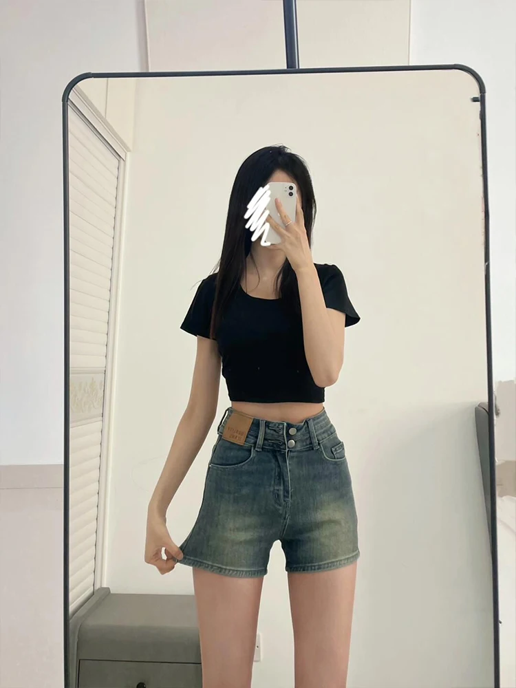 

Американские ретро горячие девушки облегающие джинсовые orts женские эластичные тонкие прямые брюки трапециевидной формы с высокой талией, летние новые брюки