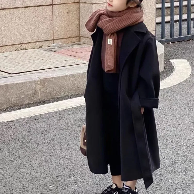 

2025 зимнее новое утепленное шерстяное пальто для девочек, универсальное новогоднее модное пальто средней длины