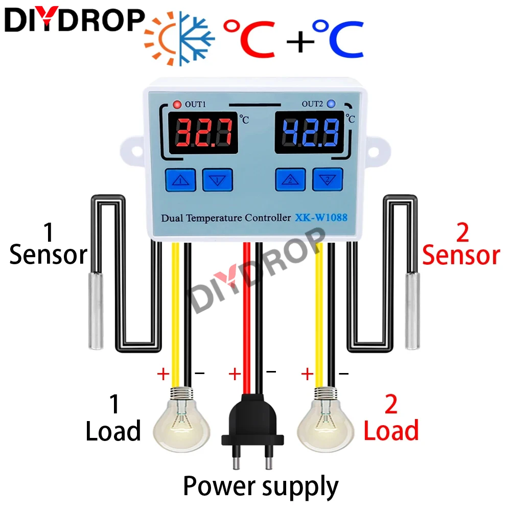 W1088 Dual LED Digital Temperature Sensor Meter Controller Electric Heating Thermostat 220V Aquarium Incubator Thermoregulator