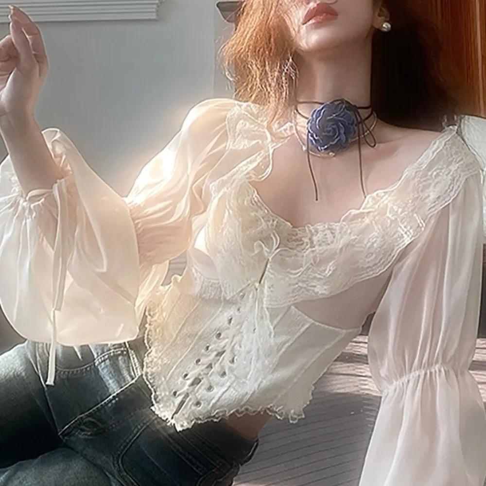

Elegant Mesh Ruffled Lace Chiffon Tops Lace Puff Long Sleeve Chiffon Blouse Patchwork Blusas Lace-up Shirts Vacation