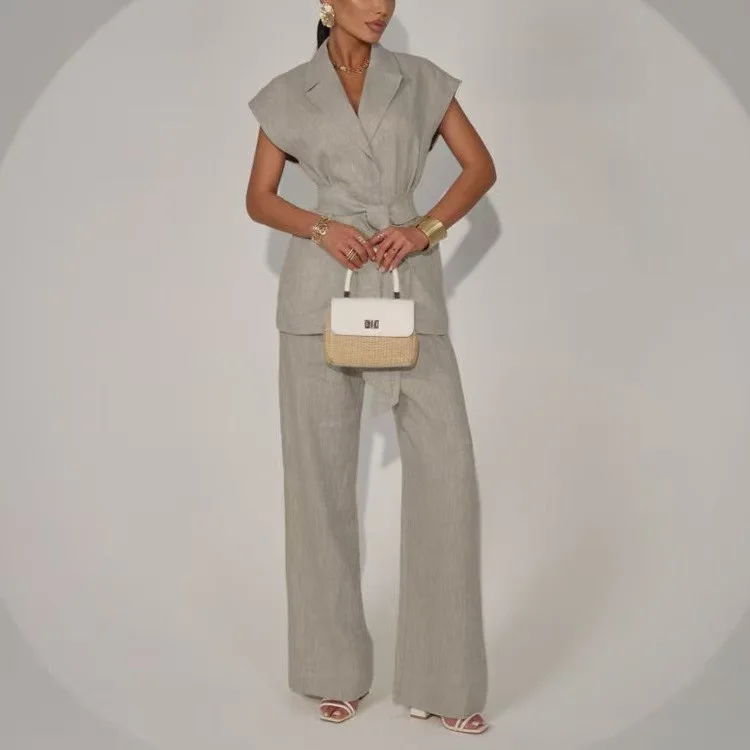 

European Style Sleeveless V-Neck Vest And Pants Set Wide Leg Pants Two-Piece Suit Women's Fashion Summer Outfit with Belt