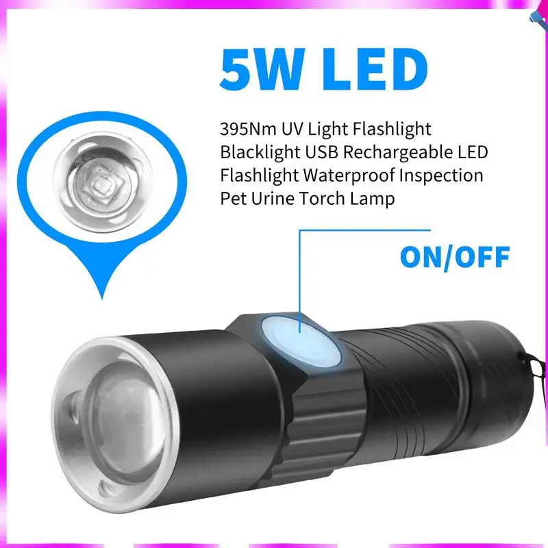 

N96R 395Nm UV Light Flashlight Blacklight USB Rechargeable LED Flashlight Waterproof Inspection Pet Urine Torch Lamp