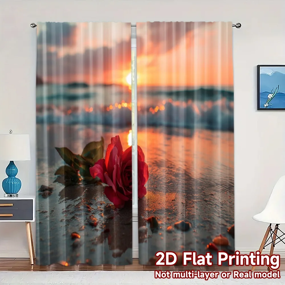 2pcs, 2D FLAT PRINTING Curtains (Without Rod) BeachRoseSunset Modern Curtains Digital Printed Versatile Fabric Curtains