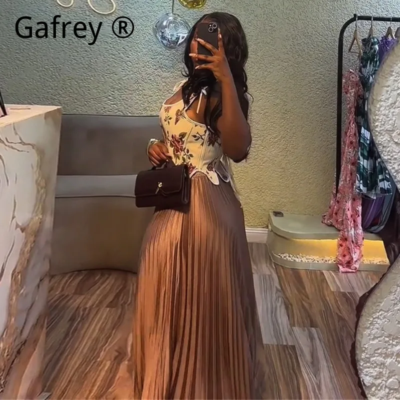 Women Sweet Printed 2 Piece Set Cinched Waist Tank Top High Waist Pleated Skirt Summer Fresh Korean Style Co-ord Outfit