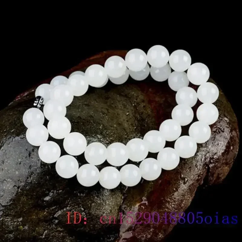 White Jade Beaded Necklace Beads Natural Fashion Gemstone Jewelry Charm Gift Chalcedony Amulet Women