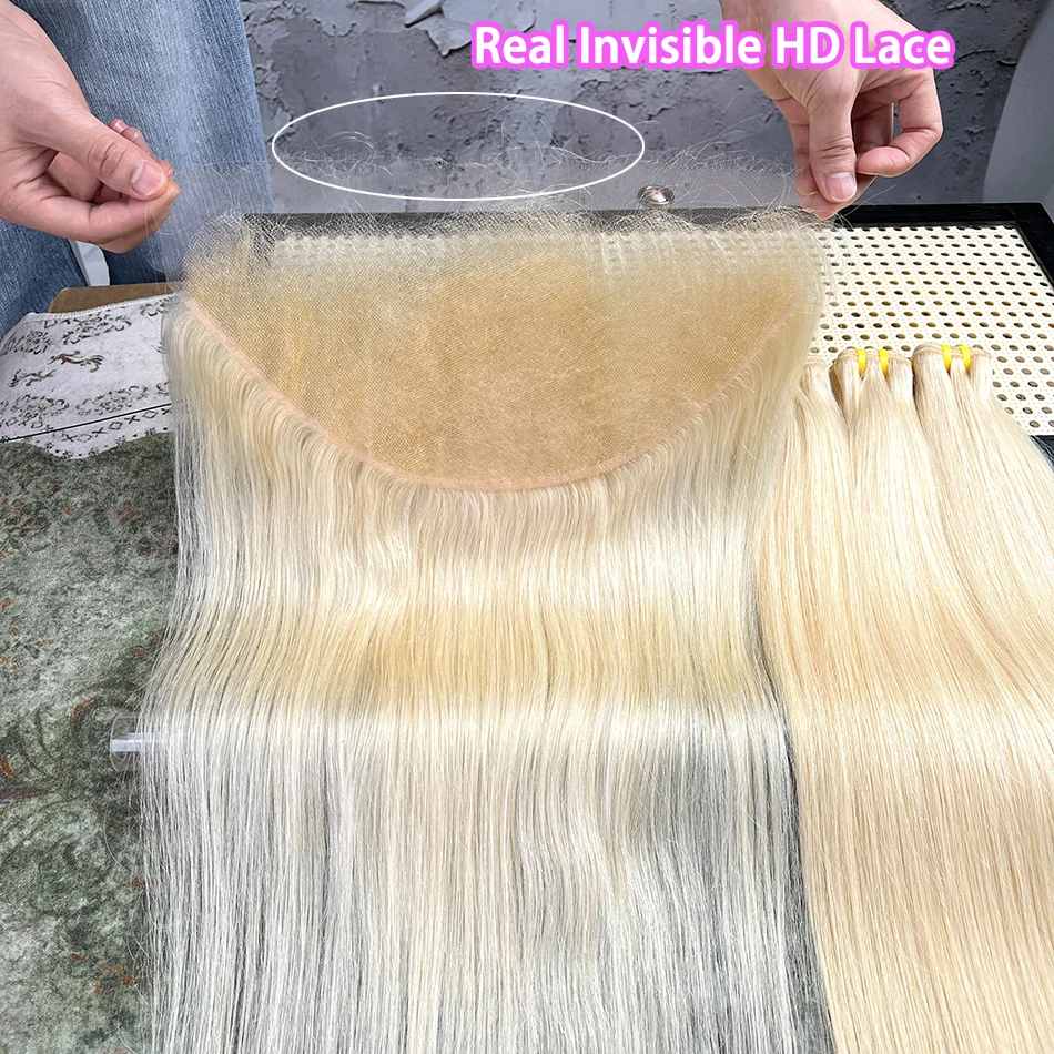 #613 Color Human Hair Bundles With 13x6 HD Invisible Lace Frontal Blonde Straight 100% Human Hair Weave Extensions Bundle Deal