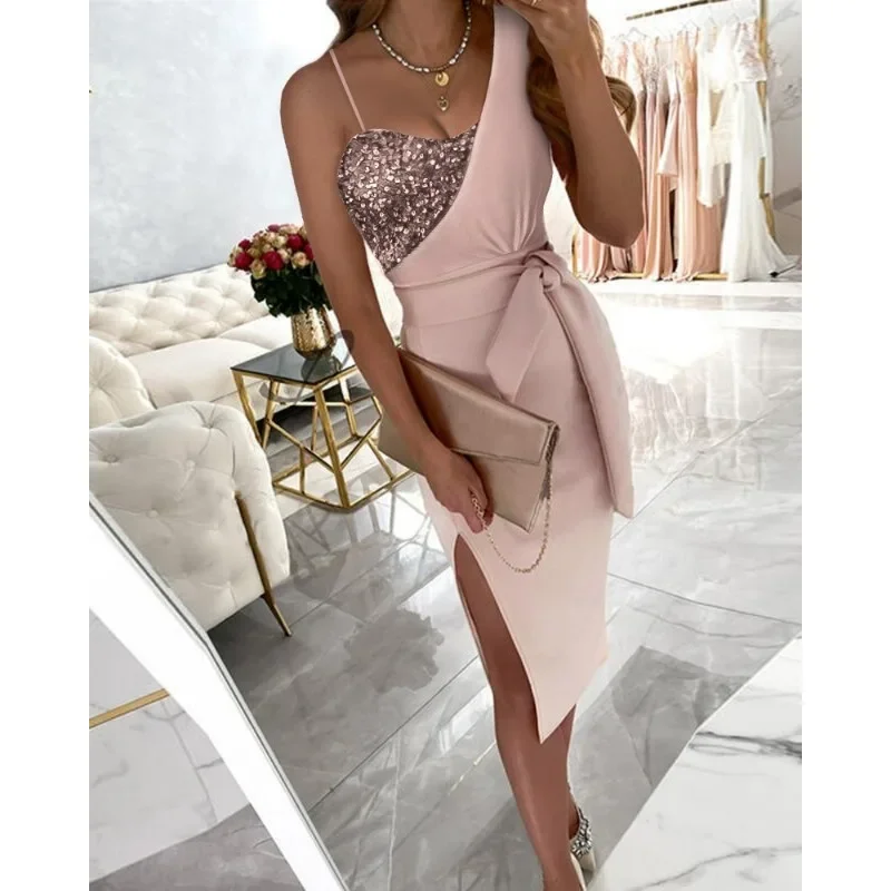 

Spring Summer Solid Color Sequins Dress Single-Shoulder Suspender One-Piece Meeting Dress Long High Waist Dresses