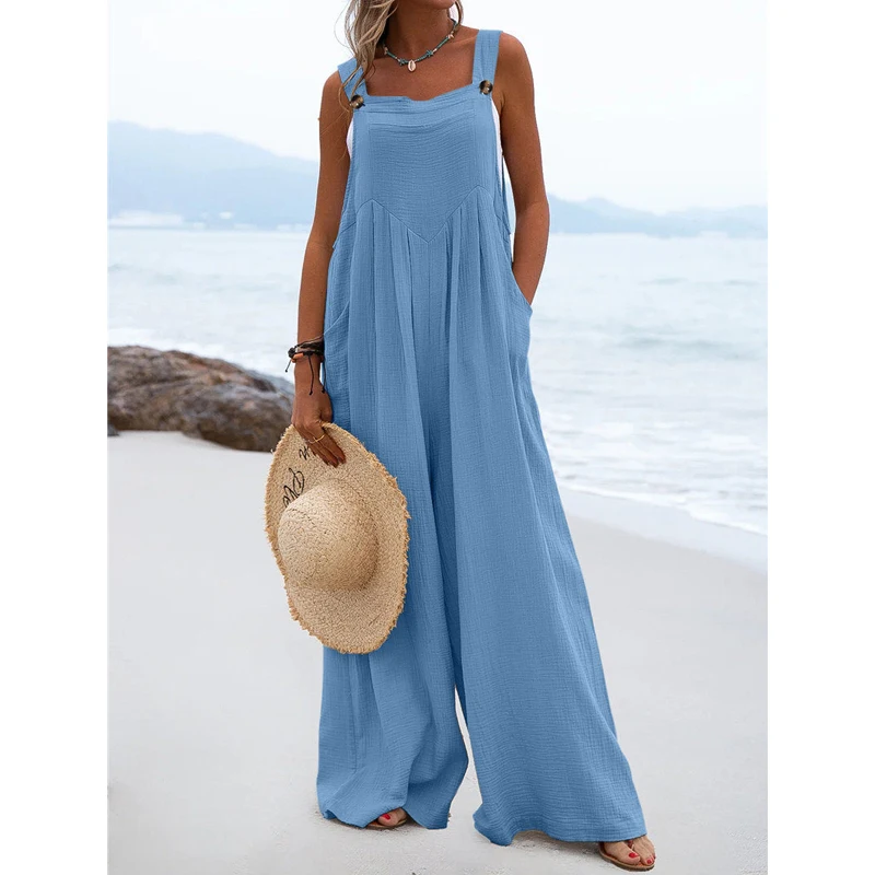 2023 Summer Vintage Holiday Beach Sleeveless Button Strap Wide Leg Overalls Jumpsuit Casual Solid Loose Pockets Rompers Outfits