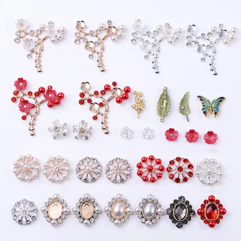 Alloy jewelry accessories inlaid pearl rhinestone flower plate color-preserving flower branches leaves resin flower material