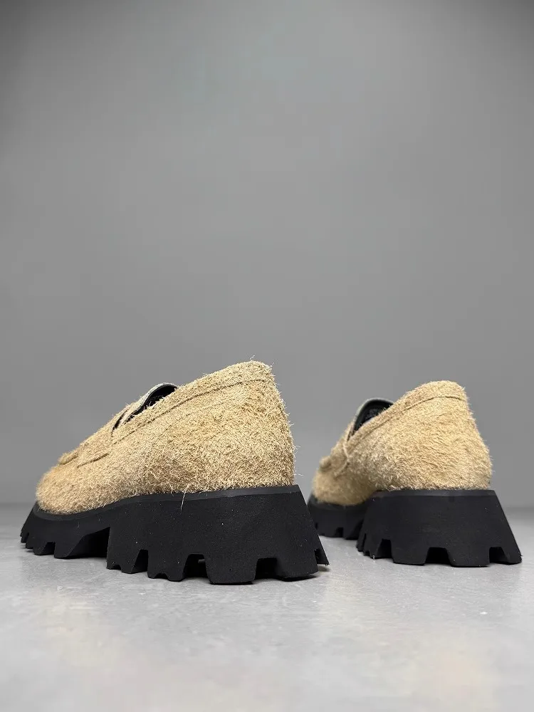 Japanese Style Retro Leisure Solid Color Cow Suede Mens Loafer Round Toe Handmade Slip On Hard-Wearing Platform Casual Shoes
