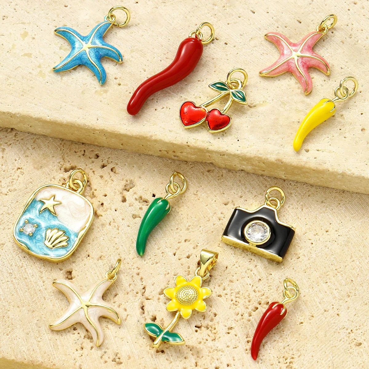 3pcs/Lot Wholesale Copper Enamel Chilli Sunflower Diy Earring Charms Women Shell Starfish Camera Necklace Pendants Cherry Jewelr - view 2