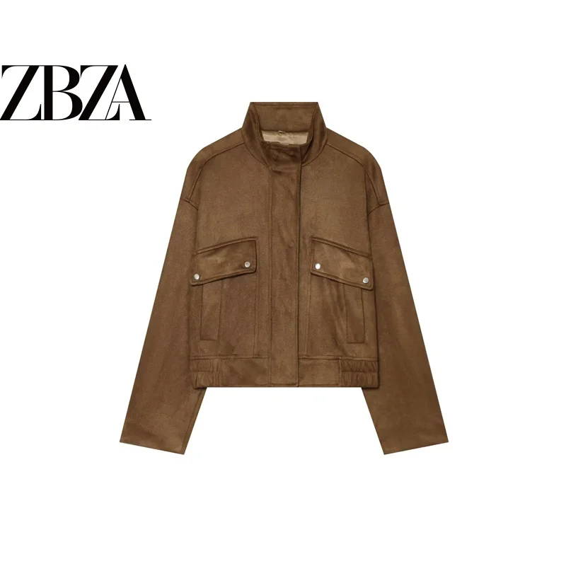 Fashionable Retro ZR Wind Women's Long Sleeve Stand Collar Loose Fitting Chicken Skin Velvet Jacket Casual Style Outerwear