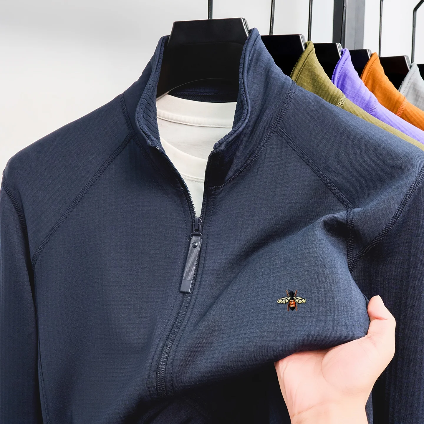 High quality luxury brand men's coat exquisite bee embroidery comfort casual pocket design stand collar zipper fashion jacket