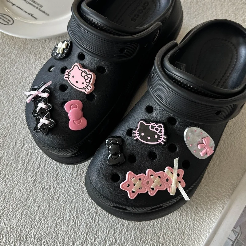 MINISO Black and Pink Serie  Hello Kitty Shoe Charms Accessories Bow Decoration Shoe Charms Buckles Holiday Xmas Gift Idea