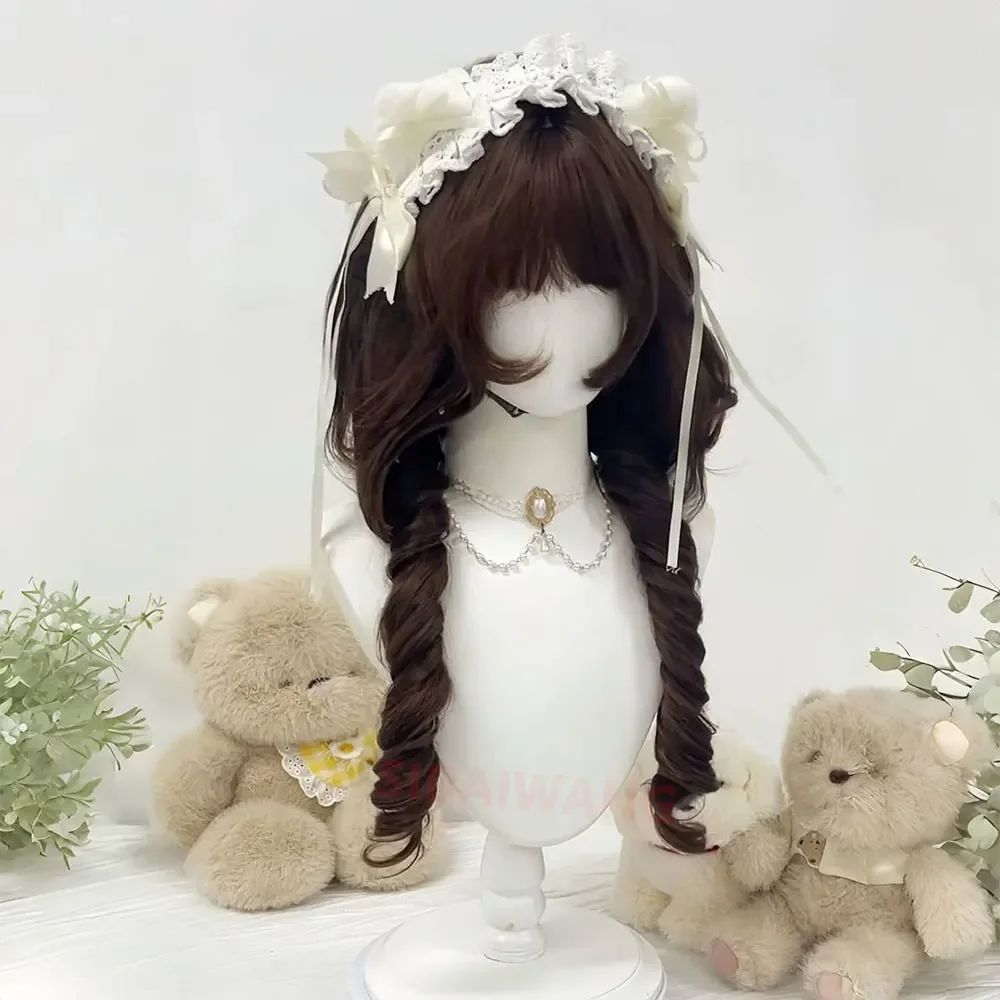 Women Brown Black Double Curly Pigtail Wig with Bangs Heat Resistant Synthetic Lolita Cute Wig for Cosplay Halloween Party Daily