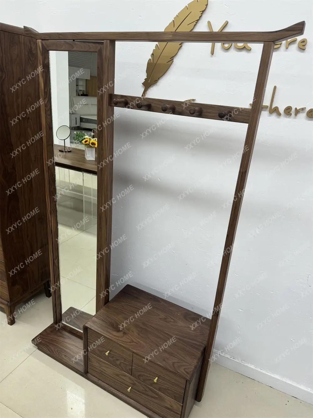 X-S Multifunctional North   Black Walnut Rotating Coat Rack with Mirror Floor Storage Bedroom Multifunctional Home HG