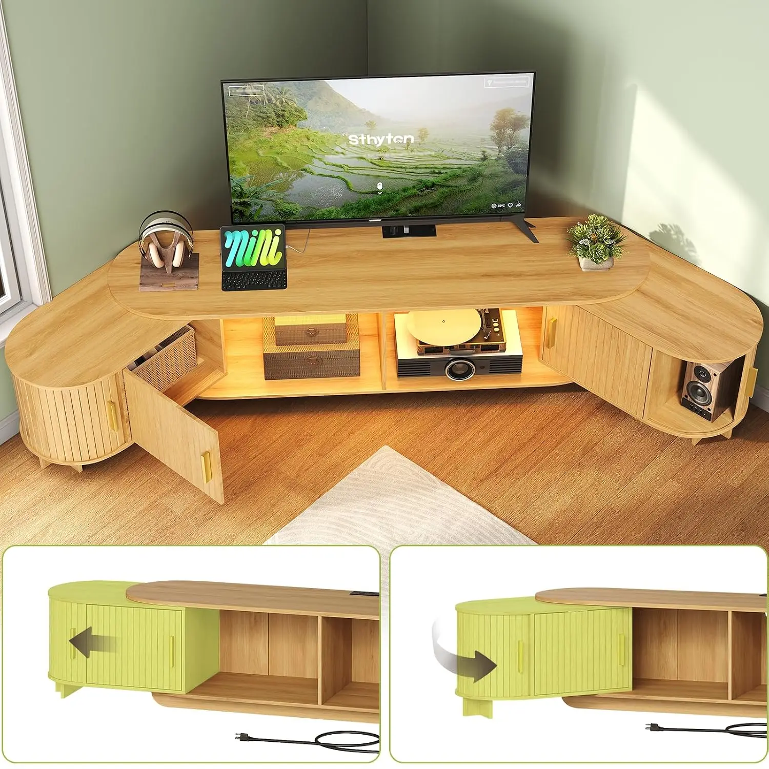 Fluted TV Stand, Extendable TV Console With Power Outlet & LED Lights, Modern Entertainment Center With 2 Sling, Customized