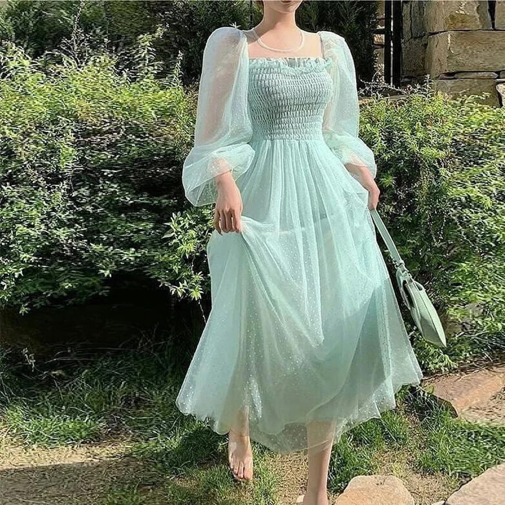 Eleganti abiti vintage da ritorno a casa maniche lunghe scollo rotondo punto tulle a-line lunghezza caviglia abiti da ballo estivi da donna