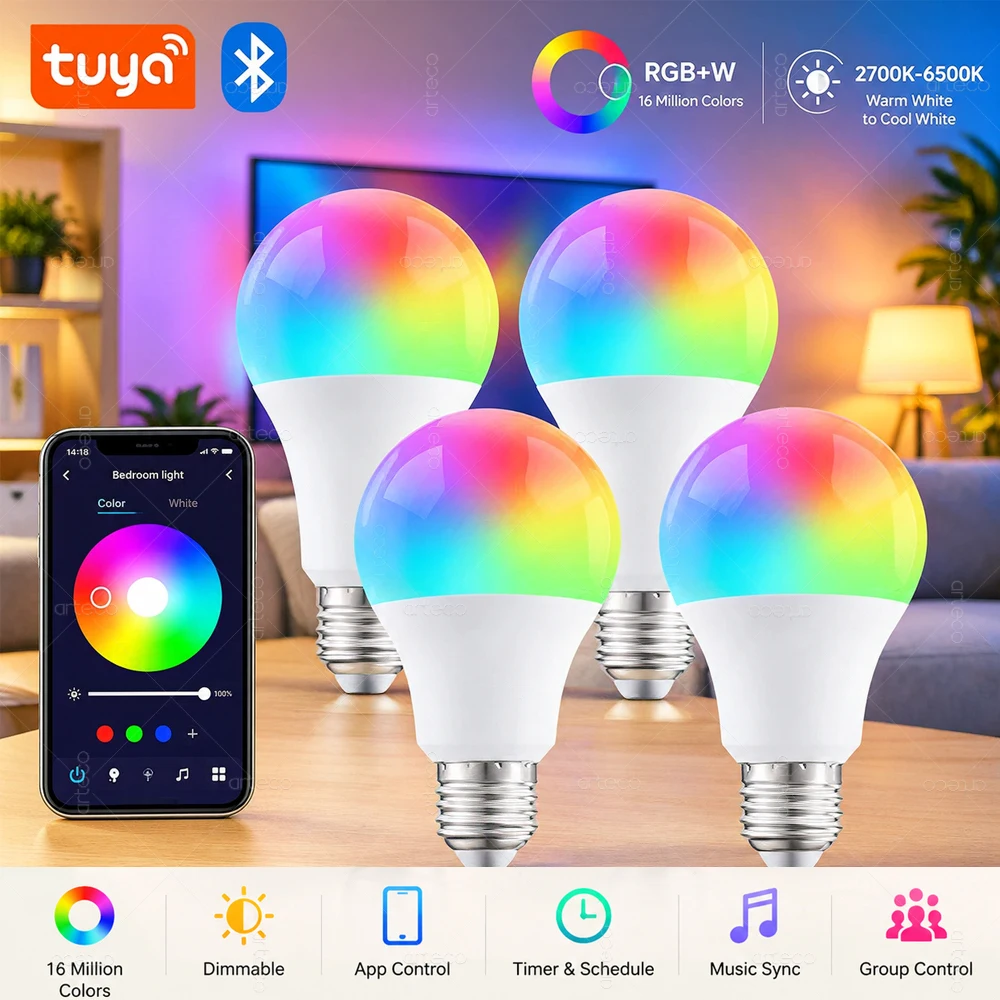 Tuya Bluetooth LED Bulb Lamps Dimmable 15W E27 AC 85-265V RGBCW Color Change Smart Life APP Group Control Music Rhythm Timing
