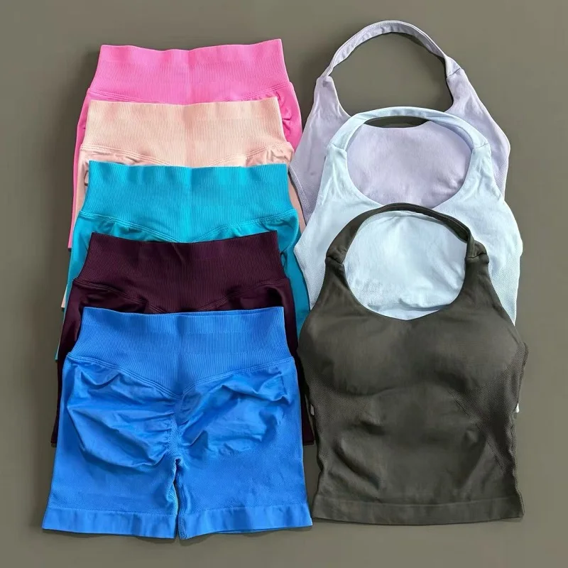 

Женский спортивный комплект для йоги, топы с открытой спиной и лямкой на шее, бесшовные шорты с высокой талией, спортивный костюм, спортивная одежда для фитнеса, комплекты для тренировок для бега