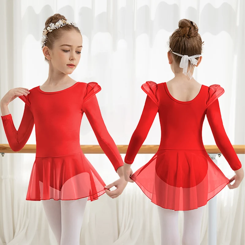 女の子用バレエレオタード、幼児用フリル袖ハイローファインメッシュスカート、キッズ用長袖ダンスドレス