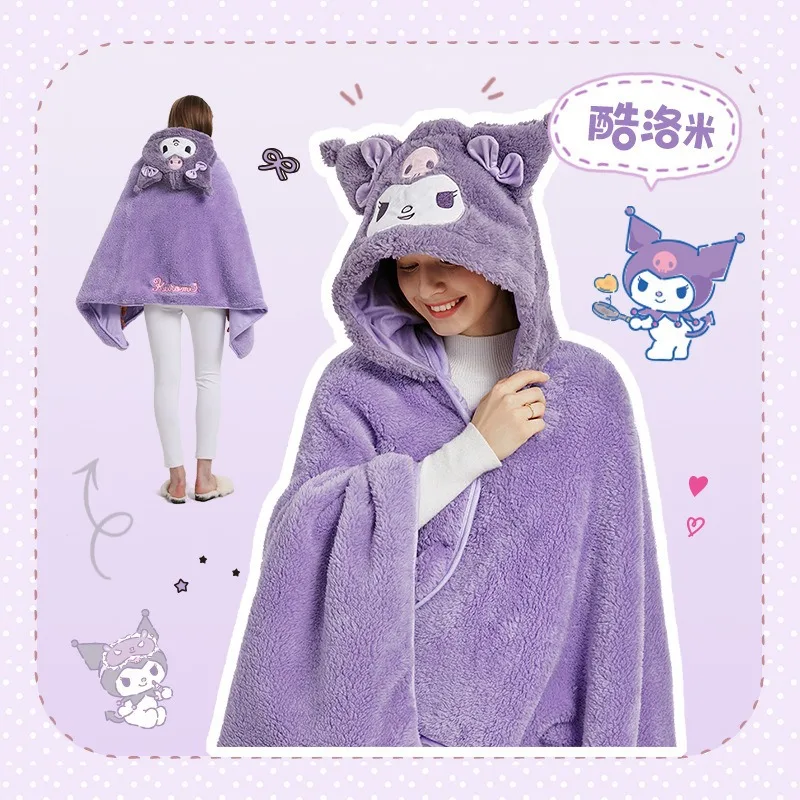 Manta Poncho con capucha de dibujos animados Kawaii Sanrio Kuromi Cinnamoroll, chal de felpa cálido creativo de Hello Kitty, manta con sombrero, regalo de recuerdo