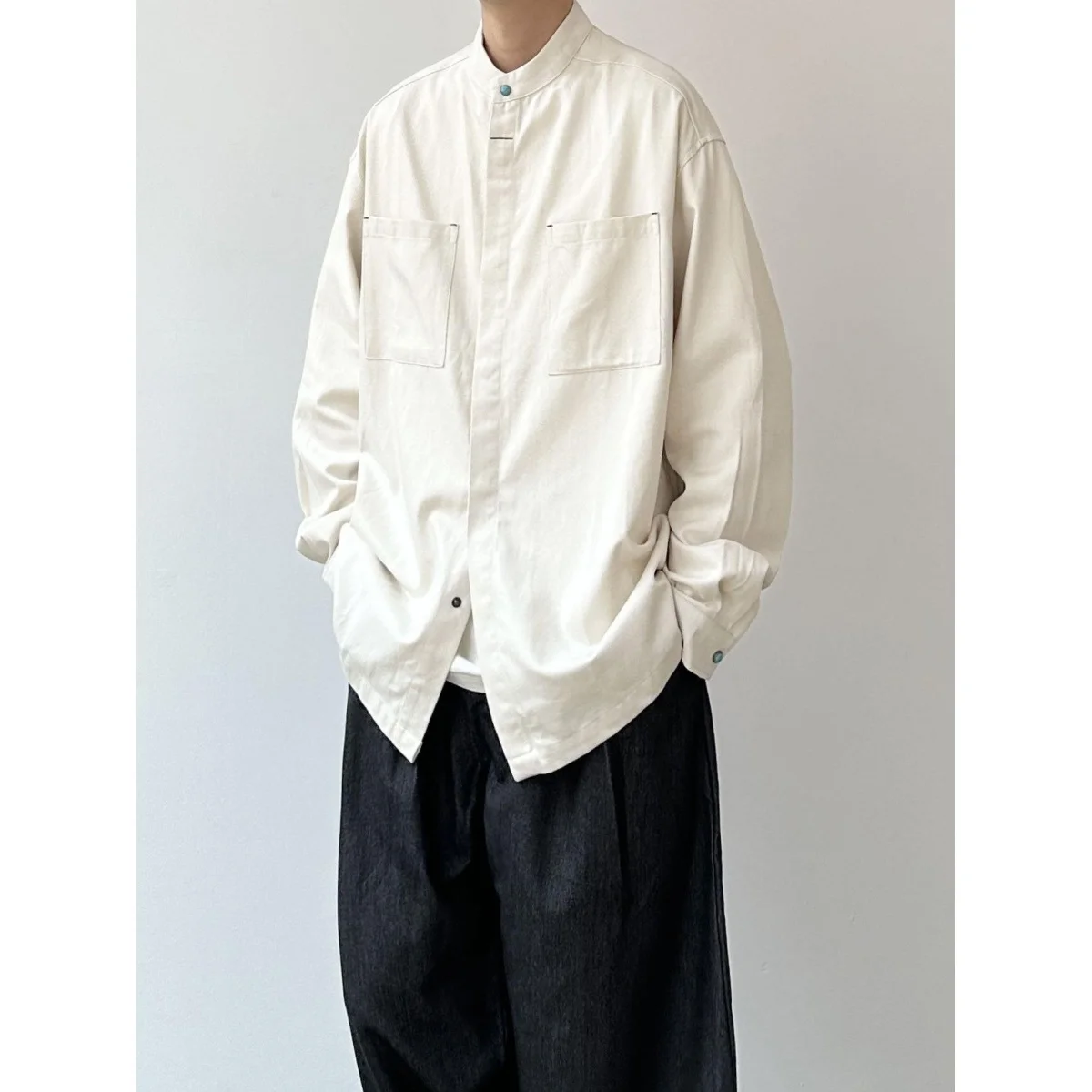Loose Casual Long Sleeve Shirt Men's Spring Autumn Pure Color Stand Collar Classic Style Fashionable Outerwear Coat Jacket